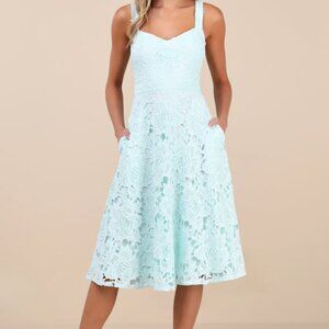 Lulus Divine Beauty Mint Blue Lace Midi Dress With Pockets - Size S